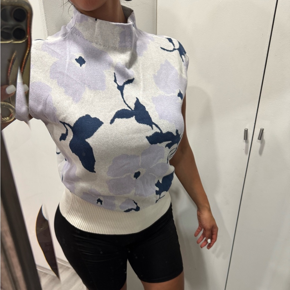 Ann Taylor Gray and Blue Cowl Neck Sweater with Artistic Motifs
